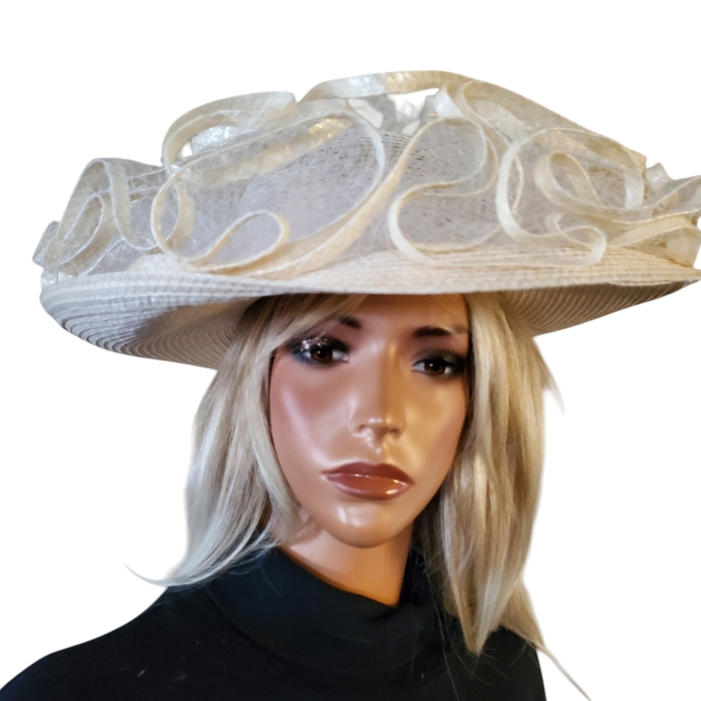 Vintageโ Jack McConnell Boutique White Wide Brim Flouncy Ruffled Hat Wedding Tea